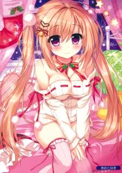 Rule 34 | 1girl, absurdres, ameto yuki, aran sweater, bare shoulders, bed, bell, blush, bow, breasts, brown hair, cable knit, christmas stocking, cleavage, closed mouth, collarbone, curtains, cushion, hair bow, hair ornament, heart, heart hair ornament, heart-shaped pillow, highres, holly, long hair, melonbooks, neck ribbon, off-shoulder, off-shoulder sweater, off shoulder, on bed, original, own hands together, pillow, plaid, plaid skirt, purple eyes, ribbon, ribbon-trimmed sweater, scan, sitting, skirt, unworn skirt, sleeves past wrists, smile, snowflakes, solo, sweater, thighhighs, twintails, v arms, very long hair, window