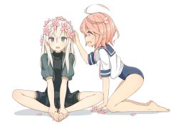 Rule 34 | 10s, 2girls, :d, ahoge, barefoot, blonde hair, butterfly sitting, coupon (skyth), feet, feet together, flower, from side, grey eyes, hair flower, hair ornament, hands on feet, i-58 (kancolle), kantai collection, kneeling, long hair, military, military uniform, multiple girls, open mouth, petals, pink eyes, pink hair, profile, puffy sleeves, school swimsuit, school uniform, serafuku, sideways mouth, simple background, sitting, smile, swimsuit, swimsuit under clothes, u-511 (kancolle), uniform, white background