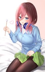 Rule 34 | 1girl, absurdres, bed, bed sheet, black pantyhose, blue cardigan, blue eyes, blue sweater, blush, breasts, brown hair, cardigan, clothes lift, collared shirt, commentary request, dress shirt, ear picking, female focus, go-toubun no hanayome, green skirt, hair between eyes, headphones, headphones around neck, heart, highres, holding, large breasts, long sleeves, looking at viewer, medium hair, mimikaki, miniskirt, nakano miku, open mouth, pantyhose, pleated shirt, pleated skirt, shirt, sitting, skirt, skirt lift, solo, sweater, toratora (nanahaba), white shirt