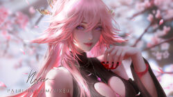 Rule 34 | 1girl, bare shoulders, blurry, blurry background, breasts, cherry blossoms, cleavage, cleavage cutout, clothing cutout, cup, depth of field, genshin impact, hair between eyes, large breasts, lips, long hair, looking at viewer, nixeu, nose, parted lips, patreon username, pink hair, purple eyes, sakazuki, signature, solo, upper body, yae miko