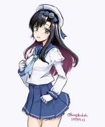 Rule 34 | 1girl, aged up, black hair, blue neckerchief, blue ribbon, blue skirt, commentary request, dated, gloves, gradient hair, green eyes, kangoku kou, kantai collection, long hair, long sleeves, looking at viewer, matsuwa (kancolle), multicolored hair, neckerchief, one-hour drawing challenge, pleated skirt, purple hair, ribbon, school uniform, serafuku, simple background, skirt, solo, twitter username, white background, white gloves