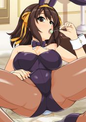 Rule 34 | 1girl, animal ears, ass, bed, black bow, black bowtie, black leotard, bow, bowtie, breasts, brown eyes, brown hair, candy, chupa chups, collar, commentary request, detached collar, fake animal ears, fake tail, food, hair ribbon, hairband, haruhisky, highres, holding, holding candy, holding food, holding lollipop, indoors, large breasts, leotard, lollipop, lying, official alternate costume, on back, on bed, pantyhose, playboy bunny, rabbit ears, rabbit tail, ribbon, short hair, solo, suzumiya haruhi, suzumiya haruhi no yuuutsu, tail, white collar, wristband, yellow hairband, yellow ribbon
