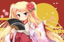Rule 34 | 10s, 1girl, absurdres, blonde hair, blush, hand fan, flower, furisode, hair flower, hair ornament, hara yui, highres, holding, holding fan, japanese clothes, kimono, kin-iro mosaic, kujou karen, long hair, looking at viewer, nail polish, official art, petals, purple eyes, simple background, smile, solo, twintails, very long hair, wide sleeves