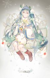 Rule 34 | 10s, 1girl, 2015, blue eyes, blue hair, boots, capelet, flower, gradient background, hairband, hatsune miku, highres, lily of the valley, long hair, looking at viewer, matching hair/eyes, pudding (8008208820), skirt, smile, snowflake print, snowflakes, solo, twintails, very long hair, vocaloid, yuki miku