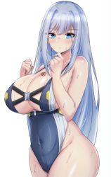 Rule 34 | 1girl, absurdres, alternate costume, blue eyes, breast tattoo, breasts, cleavage, ethel (xenoblade), grey hair, highres, large breasts, latte, long hair, one-piece swimsuit, simple background, solo, swimsuit, tattoo, very long hair, white background, xenoblade chronicles (series), xenoblade chronicles 3