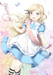 Rule 34 | 1girl, alice (alice in wonderland), alice in wonderland, arm up, blonde hair, blue dress, blue eyes, butterfly background, dress, feet out of frame, hair ribbon, kneehighs, layered dress, light blush, long hair, looking at viewer, multicolored background, open mouth, original, petticoat, pinafore dress, puffy short sleeves, puffy sleeves, ribbon, sash, short sleeves, shoulder sash, sleeveless, sleeveless dress, smile, socks, solo, string, string of fate, striped clothes, striped socks, teeth, unya (unya-unya), upper teeth only, very long hair