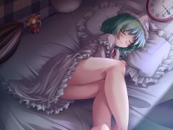 Rule 34 | 1girl, barefoot, bed, bedroom, blush, character doll, clock, doll, dress, elly (touhou), closed eyes, fur-trimmed headwear, fur trim, green hair, hat, kazami yuuka, long sleeves, lying, lzh, nightcap, nightgown, pillow, pink dress, pink headwear, pom pom (clothes), short hair, sleeping, source request, sweat, touhou, wall, wavy mouth