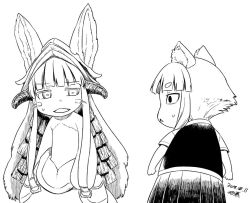 Rule 34 | 1girl, 1other, animal ears, blunt bangs, cat ears, chibi, crossover, dated, eye contact, greyscale, horizontal pupils, kuraishi tanpopo, looking at another, made in abyss, monochrome, nanachi (made in abyss), open mouth, pleated skirt, short hair, short sleeves, signature, simple background, skirt, sweatdrop, triangle mouth, tsukudani (coke-buta), vest, whiskers, white background, witch craft works