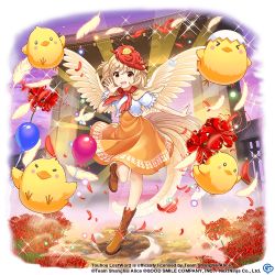 Rule 34 | 1girl, animal, animal on head, balloon, bird, bird on head, bird tail, bird wings, blonde hair, boots, brown footwear, chick, copyright notice, dress, feathers, flower, full body, multicolored hair, neckerchief, niwatari kutaka, official art, on head, open mouth, orange dress, puffy short sleeves, puffy sleeves, red eyes, red flower, red hair, red neckerchief, rotte (1109), shirt, short sleeves, spider lily, standing, standing on one leg, tail, touhou, touhou lostword, transparent background, two-tone hair, white shirt, wings, yellow feathers, yellow wings