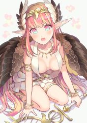 Rule 34 | 1girl, blush, bracelet, breasts, circe (fate), fate/grand order, fate (series), feathers, iincho (airi8751), jewelry, long hair, looking at viewer, medium breasts, necktie, pink eyes, pink hair, pointy ears, sitting, smile, solo, very long hair, wariza, white background, wings