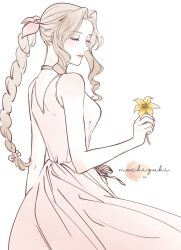 Rule 34 | 1girl, aerith gainsborough, artist name, bare shoulders, braid, braided ponytail, breasts, brown hair, choker, closed eyes, cowboy shot, dress, final fantasy, final fantasy vii, final fantasy vii rebirth, final fantasy vii remake, flower, hair ribbon, highres, holding, holding flower, lily (flower), long dress, long hair, medium breasts, omochi daisuki, parted lips, pink dress, pink ribbon, ribbon, ribbon choker, single braid, solo, white background, yellow flower