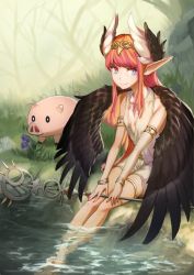 Rule 34 | 1girl, animal, circe (fate), fate/grand order, fate (series), feathers, looking at viewer, outdoors, pig, pointy ears, pond, staff, water, wings