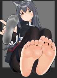 Rule 34 | 1girl, 3cc1a, animal ears, arknights, barefoot, black border, black gloves, black hair, border, closed mouth, dirty, feet, fingerless gloves, fingernails, foot focus, foreshortening, full body, gloves, grey background, highres, holding, jacket, long hair, long sleeves, looking at viewer, nail polish, pantyhose, pink nails, shoe insert, simple background, soles, solo, texas (arknights), toes, white jacket, wolf ears, wolf girl, yellow eyes