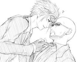 Rule 34 | 2boys, bad id, bad pixiv id, bald, beard, collared shirt, commentary request, earrings, eye contact, facial hair, final fantasy, final fantasy vii, final fantasy vii remake, fingerless gloves, from side, glasses, gloves, goggles, goggles on head, greyscale, heart, jacket, jewelry, long hair, looking at another, male focus, mondi hl, monochrome, multiple boys, necktie, necktie grab, neckwear grab, open mouth, profile, reno (ff7), rude (ff7), shirt, spiked hair, sweatdrop, upper body, yaoi