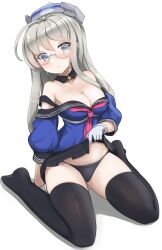Rule 34 | 1girl, ahoge, aqua-framed eyewear, asymmetrical sidelocks, black sailor collar, black thighhighs, blue eyes, breasts, cleavage, glasses, gloves, grey hair, hat, heywood l. edwards (kancolle), highres, kantai collection, lifting own clothes, long hair, long sleeves, looking at viewer, medium breasts, military hat, neckerchief, off-shoulder shirt, off shoulder, pleated skirt, redundant-cat, ribbon-trimmed hairband, sailor collar, school uniform, serafuku, shirt, sitting, skirt, smile, solo, thighhighs, wariza, white gloves, white hat