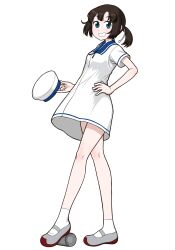 Rule 34 | 1girl, aged up, black hair, blue sailor collar, bob cut, daitou (kancolle), dress, full body, green eyes, hat, highres, holding, holding clothes, holding hat, kantai collection, low ponytail, nemu (nemurakka), sailor collar, sailor dress, sailor hat, short hair, short ponytail, short sleeves, smile, solo, standing, white dress, white hat