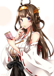 Rule 34 | 10s, 1girl, bare shoulders, breasts, brown hair, collarbone, cowboy shot, detached sleeves, double bun, food, hair bun, hairband, japanese clothes, kantai collection, kongou (kancolle), large breasts, long hair, looking at viewer, nontraditional miko, purple eyes, ribbon-trimmed sleeves, ribbon trim, shiny skin, solo, wide sleeves, yuuki hb