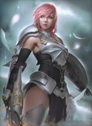 Rule 34 | 1girl, arieaesu, armor, armpits, asymmetrical hair, blurry, blurry background, breastplate, commission, elbow gloves, feather skirt, feathers, final fantasy, final fantasy xiii, final fantasy xiii-2, gloves, greaves, highres, holding, holding weapon, lens flare, leotard, lightning farron, looking to the side, pelvic curtain, pink hair, shield, shoulder armor, thighhighs, weapon