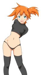 Rule 34 | 1girl, :d, arms behind back, black panties, black shirt, black thighhighs, blue eyes, blush, blush stickers, breasts, creatures (company), female focus, game freak, hair tie, long sleeves, looking up, medium breasts, misty (pokemon), monousa, navel, nintendo, open mouth, orange hair, panties, pokemon, pokemon (anime), pokemon (classic anime), shirt, side ponytail, simple background, skindentation, smile, solo, standing, thighhighs, underwear, white background