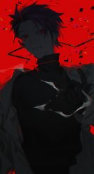 Rule 34 | 1boy, absurdres, black gloves, black sweater, earrings, film grain, glitch, gloves, grey jacket, highres, jacket, jewelry, long sleeves, male focus, open clothes, open jacket, purple hair, reaching, reaching towards viewer, red background, red eyes, renmou, saibou shinkyoku, short hair, solo, sweater, theodore riddle, turtleneck, turtleneck sweater, upper body