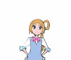 Rule 34 | 1girl, animated, animated gif, archived source, blonde hair, blue eyes, blue sweater vest, bow, collared shirt, enouchi ai, frown, fukuhara ann, hand on own hip, long hair, looking at viewer, open mouth, pink bow, pointing, pointing at viewer, pretty rhythm, pretty rhythm rainbow live, pretty series, shirt, side ponytail, sidelocks, simple background, single hair ring, solo, sweater vest, talking, upper body, white background, white shirt