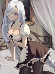 Rule 34 | 1girl, blue eyes, breasts, cleavage, eye visible through hair, genshin impact, hair over one eye, highres, long hair, looking at viewer, maid, medium breasts, on bed, shenhe (genshin impact), solo, vickie (cryingrobot), white hair