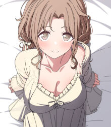 Rule 34 | 1girl, arimon (dfrgty12), arm support, bed sheet, blush, bow, breasts, brown hair, cleavage, collarbone, dress, from above, hair bow, highres, ichikawa hinana, idolmaster, idolmaster shiny colors, jacket, large breasts, looking at viewer, see-through, see-through jacket, smile, solo, white dress, white jacket