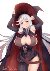 Rule 34 | 10s, 1girl, bare shoulders, blush, breasts, brown eyes, cleavage, dated, detached sleeves, granblue fantasy, highres, huge breasts, light smile, long hair, looking at viewer, lslee, magisa (granblue fantasy), nipples, parted lips, silver hair, simple background, smile, solo, thighs, white background