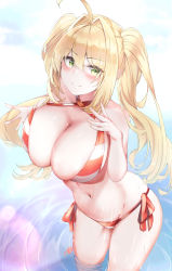 Rule 34 | 1girl, absurdres, ahoge, bad id, bad pixiv id, bannou ippoutsukou, bare shoulders, bikini, blonde hair, blush, breasts, cleavage, closed mouth, collarbone, criss-cross halter, fate/grand order, fate (series), green eyes, hair intakes, halterneck, hands on own chest, highres, large breasts, long hair, looking at viewer, navel, nero claudius (fate), nero claudius (fate) (all), nero claudius (swimsuit caster) (fate), red bikini, revision, ripples, striped bikini, striped clothes, swimsuit, thighs, twintails, wading, water