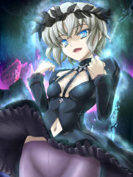 Rule 34 | 1girl, am isuel, aura, black dress, black headwear, blue eyes, breasts, center opening, cleavage cutout, clothes lift, clothing cutout, commentary request, cowboy shot, dha, dress, dress lift, frilled dress, frilled sleeves, frills, gothic lolita, grey hair, groin, hands up, laurel crown, layered dress, layered sleeves, lolita fashion, long sleeves, looking at viewer, navel, navel cutout, no panties, open mouth, pale skin, pantyhose, purple pantyhose, rance (series), rance quest, rance quest magnum, short dress, short hair with long locks, sidelocks, small breasts, smile, solo, thick eyelashes