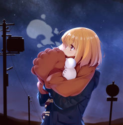 Rule 34 | 1girl, absurdres, blonde hair, breath, brown eyes, coat, ello, eyebrows, eyelashes, from side, gloves, highres, long sleeves, looking up, night, night sky, original, outdoors, pom pom (clothes), power lines, profile, red gloves, red scarf, road sign, scarf, short hair, sign, sky, snowing, solo, star (sky), upper body, utility pole, utility pole (object), winter, winter clothes