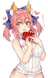 Rule 34 | 10s, 1girl, absurdres, alternate costume, animal ear fluff, animal ears, blush, bow, box, breasts, cleavage, cleavage cutout, clothing cutout, fate/extra, fate/grand order, fate (series), fox ears, fox tail, hair bow, hair ornament, hair ribbon, heart, heart-shaped box, highres, large breasts, long hair, looking at viewer, meme attire, open-chest sweater, osiimi, panties, pink hair, ribbed sweater, ribbon, simple background, smile, solo, sweater, tail, tamamo (fate), tamamo no mae (fate/extra), translated, underwear, valentine, white background, yellow eyes