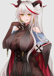 Rule 34 | 1girl, aegir (azur lane), azur lane, black cloak, black dress, black gloves, blush, breasts, cloak, covered navel, cross, cross earrings, demon horns, dress, earrings, elbow gloves, german flag, gloves, hand on own hip, highres, horns, jewelry, large breasts, long hair, looking at viewer, multicolored hair, orange eyes, sai-go, silver hair, solo, tongue, tongue out, white background