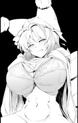 Rule 34 | 1girl, animal hat, blush, bra, breasts, cleavage, closed mouth, clothes lift, commentary, frilled bra, frills, hat, highres, huge breasts, lifted by self, mizuga, mob cap, monochrome, navel, short hair, simple background, solo, stomach, sweatdrop, symbol-only commentary, touhou, underwear, yakumo ran