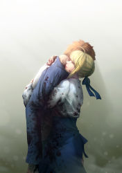 Rule 34 | 1boy, 1girl, ahoge, artoria pendragon (fate), blonde hair, blood, blood on face, blood on clothes, blood in hair, blood on hands, blue ribbon, blue skirt, braid, casual, closed mouth, commentary, emiya shirou, closed eyes, fate/stay night, fate (series), from side, hair ribbon, hands on another&#039;s back, high-waist skirt, highres, hug, long sleeves, orange hair, peachpa, profile, raglan sleeves, realistic, ribbon, saber (fate), shirt, short hair, skirt, white shirt