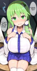 Rule 34 | 1girl, blush, breasts, detached sleeves, english text, frog hair ornament, green eyes, green hair, hair ornament, hard-translated, highres, jakko, kochiya sanae, large breasts, long hair, looking at viewer, open mouth, sitting, snake hair ornament, solo, speech bubble, tears, thighhighs, thighs, third-party edit, touhou, white thighhighs