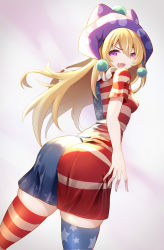 Rule 34 | 1girl, american flag dress, american flag legwear, ass, blonde hair, breasts, clownpiece, covered erect nipples, dress, fang, hat, highres, jester cap, long hair, looking at viewer, neck ruff, no wings, polka dot, purple eyes, purple hat, short sleeves, small breasts, smile, solo, star (symbol), striped, thighhighs, touhou, z.o.b