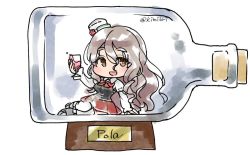 Rule 34 | 10s, 1girl, alcohol, blush, boots, bottle, bow, bowtie, breasts, brown eyes, cork, corset, cup, drinking glass, drunk, grey hair, hair between eyes, hat, holding, holding cup, holding drinking glass, in bottle, in container, kantai collection, long hair, long sleeves, looking at viewer, mini hat, one-hour drawing challenge, open mouth, plaque, pola (kancolle), seshiya, shirt, sitting, skirt, smile, solo, thighhighs, twitter username, wavy hair, white shirt, white thighhighs, wine, wine glass