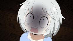 Rule 34 | 0 0, anastasia (idolmaster), anya (spy x family), bkgoldenwolf, blue eyes, blue shirt, collarbone, commentary, constricted pupils, dark background, eyelashes, grey hair, hair between eyes, highres, idolmaster, idolmaster cinderella girls, looking up, name connection, open mouth, parody, scared, shadow, shirt, short hair, solo, spy x family, sweat, teeth, upper body, upper teeth only, v-shaped eyebrows, wooden floor