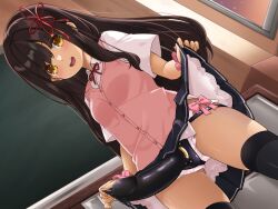 Rule 34 | 1girl, black thighhighs, blue skirt, bow, brown hair, censored, clothes lift, dildo, gin (shioyude), hime cut, neck ribbon, open mouth, original, panties, ribbon, school uniform, skirt, skirt lift, solo, strap-on, thighhighs, underwear, white panties, yellow eyes