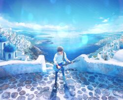 Rule 34 | 1boy, black footwear, black hair, blue sky, blue theme, building, cityscape, cloud, converse, day, denim, dome, electric guitar, fusui, greece, guitar, hair over eyes, highres, holding, holding guitar, holding instrument, holding plectrum, instrument, jeans, lens flare, long sleeves, male focus, mountainous horizon, music, ocean, open mouth, original, outdoors, pants, pebble, playing instrument, plectrum, santorini (greece), shadow, shirt, short hair, signature, sky, solo, stairs, standing, stone floor, stone stairs, strap, white shirt, window