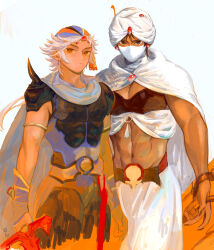 Rule 34 | 2boys, abs, absurdres, armlet, armor, bandana, black armor, breastplate, brown eyes, brown hair, brown nails, cape, crop top, dark-skinned male, dark skin, earrings, final fantasy, final fantasy ii, firion, forehead jewel, gem, highres, holding, holding shield, holding sword, holding weapon, jewelry, looking at viewer, male focus, mask, minwu, mouth mask, multiple boys, navel, orange bandana, pectoral cleavage, pectorals, red brooch, red gemstone, shield, short hair, sphere earrings, spiked pauldrons, sword, tokumei wombat, turban, weapon, white cape, white hair, white mask, white turban