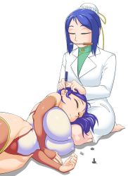 Rule 34 | 2girls, android, aq interactive, arcana heart, atlus, bare shoulders, blue hair, bolt (hardware), breasts, breasts squeezed together, bridal gauntlets, bun cover, closed eyes, covered erect nipples, ear cleaning, ebata, examu, gears, hair down, highleg, highleg leotard, highres, huge breasts, lab coat, lap pillow, leotard, lying, mei-fang, mei ling hua, mouth hold, multiple girls, on side, screwdriver, shiny clothes, shiny skin, short hair, simple background, sleeping, spring (object)