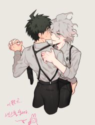 Rule 34 | 2boys, ahoge, alternate costume, artist logo, black pants, blush, breast pocket, collared shirt, commentary request, cropped legs, danganronpa (series), danganronpa 2: goodbye despair, green eyes, grey background, grey hair, grey shirt, hand on another&#039;s ass, hand up, hands up, highres, hinata hajime, holding hands, holster, interlocked fingers, komaeda nagito, long sleeves, looking at another, male focus, messy hair, multiple boys, pale skin, pants, pen, pocket, shirt, shirt tucked in, short hair, simple background, sin11111, smile, suspenders, sweatdrop, translation request, yaoi