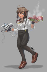 Rule 34 | 1girl, abyssal ship, ahoge, alternate costume, artist logo, artist name, black bow, black bowtie, black gloves, black pantyhose, black skirt, blue eyes, blush, bow, bowtie, braid, brown footwear, brown hair, buttons, collared shirt, enemy naval mine (kancolle), ergot, fingerless gloves, full body, gloves, grey background, hair between eyes, hair flaps, highres, holding, holding plate, kantai collection, long hair, long sleeves, open mouth, pantyhose, pen, pencil skirt, plate, shadow, shigure (kancolle), shirt, shoes, simple background, single braid, skirt, smile, solo, standing, standing on one leg, white shirt