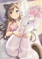 Rule 34 | 1girl, akino ell, animal ears, bare arms, bare shoulders, bed, bell, blue eyes, breasts, brown hair, cameltoe, cat ears, cat girl, cat tail, choker, cleavage, highres, jingle bell, large breasts, legs up, leotard, long hair, looking at viewer, lying, on back, on bed, original, pantyhose, parted lips, paw print, paw print socks, pillow, pink choker, pink leotard, solo, strapless, strapless leotard, tail, thighband pantyhose, white pantyhose