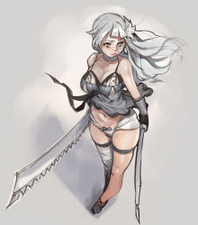 Rule 34 | 1girl, bandaged leg, bandaged neck, bandages, black gloves, breasts, cleavage, dual wielding, flower, full body, gloves, hair flower, hair ornament, highres, holding, holding weapon, kaine (nier), large breasts, lingerie, looking to the side, making-of available, navel, negligee, nier, nier (series), norasuko, revealing clothes, saw, saw cleaver, silver hair, solo, sword, underwear, vambraces, weapon, yellow eyes