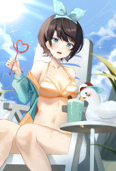 Rule 34 | 1girl, absurdres, animal, aqua eyes, aqua jacket, armchair, bad id, bad pixiv id, bare legs, bare shoulders, bikini, bird, black hair, blue bow, blue sky, blush, bow, breasts, chair, cleavage, collarbone, crazy straw, cup, day, drink, drinking, drinking glass, drinking straw, duck, feet out of frame, hair bow, heart straw, highres, hololive, jacket, kyo (maae00), lens flare, long sleeves, medium breasts, off shoulder, on table, oozora subaru, oozora subaru (hololive summer 2019), open clothes, open jacket, open mouth, orange bikini, outdoors, polka dot, short hair, sitting, sky, solo, sparkle, striped bikini, striped clothes, subaru duck, sunlight, swimsuit, table, virtual youtuber