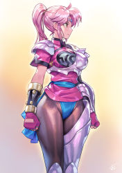 Rule 34 | 1girl, armor, black pantyhose, blue sash, character request, clenched hands, commentary request, cowboy shot, dragon quest, dragon quest dai no daibouken, fingerless gloves, gloves, gradient background, highres, maam, matsuda (matsukichi), pantyhose, pauldrons, pink gloves, pink hair, pink shirt, ponytail, profile, sash, shirt, short sleeves, shoulder armor, sidelocks, solo, standing, tagme, thighs, yellow background