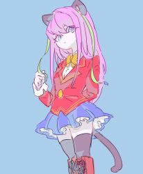 Rule 34 | 10s, 1girl, animal ears, arm behind back, bad id, bad twitter id, blue background, blue eyes, boots, bow, cat ears, cat tail, cross-laced footwear, dutch angle, hashimoto nyaa, knee boots, looking at viewer, looking down, matsutohop, multicolored hair, osomatsu-san, osomatsu (series), pink hair, school uniform, simple background, streaked hair, tail, thighhighs, twirling hair